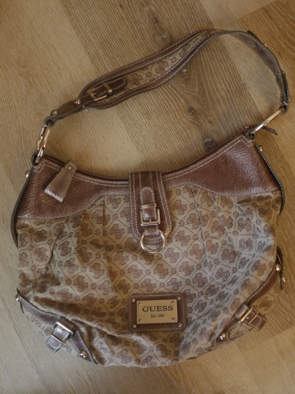 Guess Monogram Hobo Shoulder Bag Brown Canvas Faux Leather Y2K
